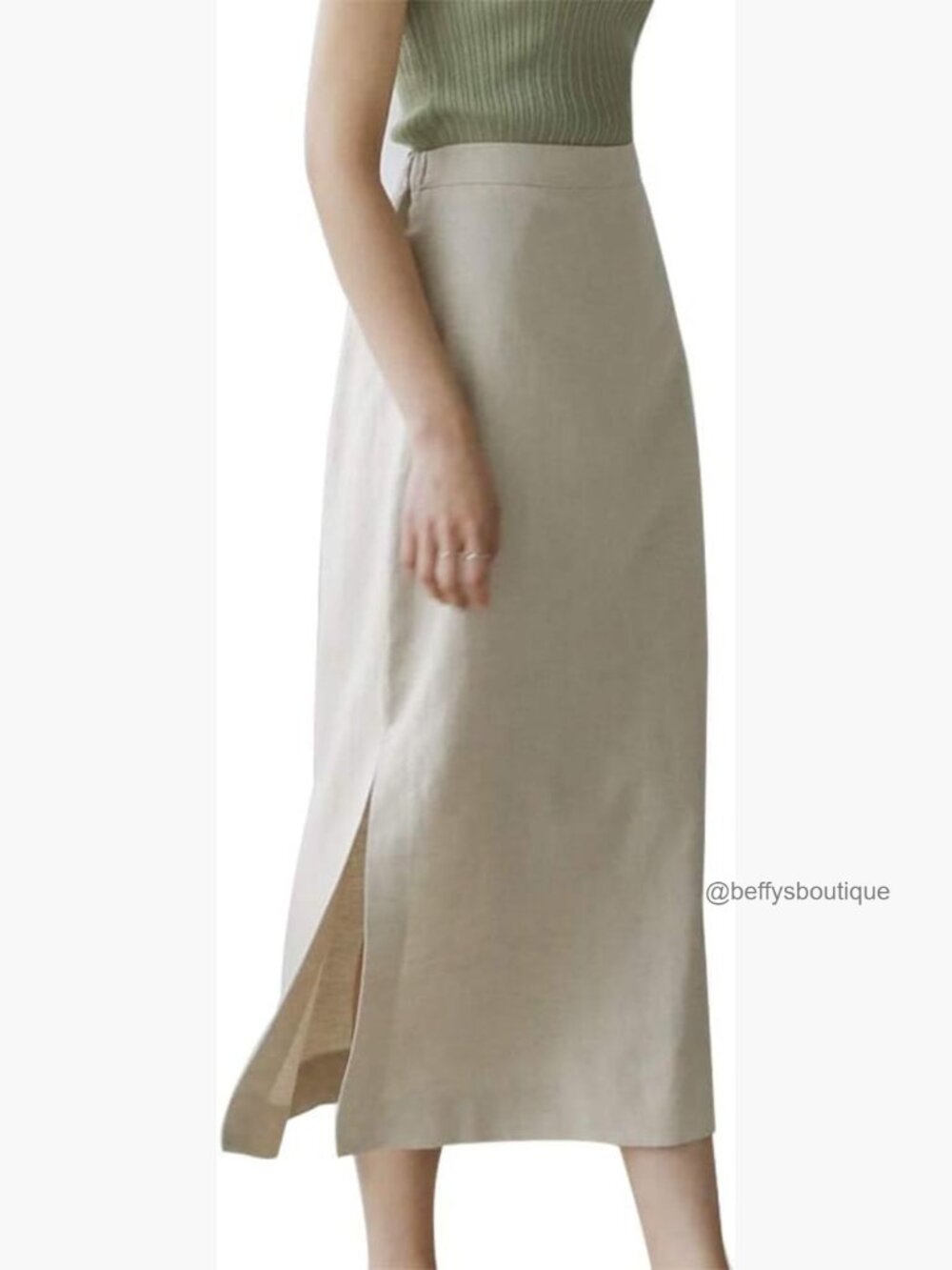 High Waisted Straight Linen Skirt with Slit Mid Calf Length